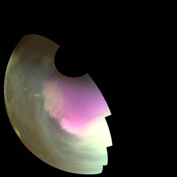 This ultraviolet image near Mars’ South Pole was taken by MAVEN on July 10, 2016, and shows the atmosphere and surface during southern spring.