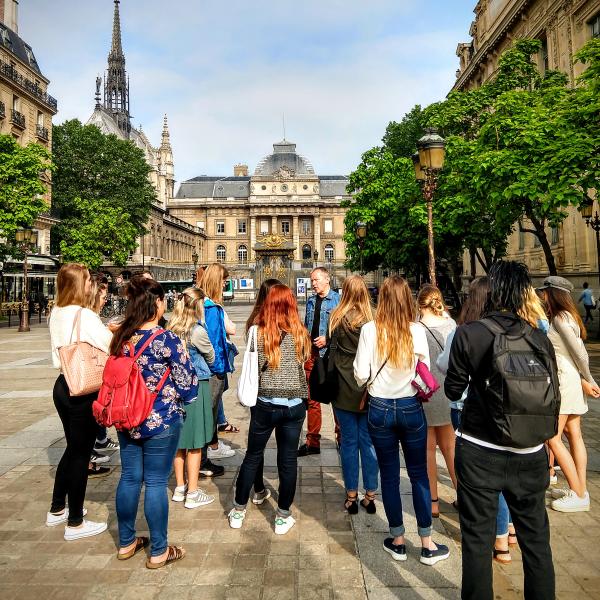 Students and instructor outside in Paris