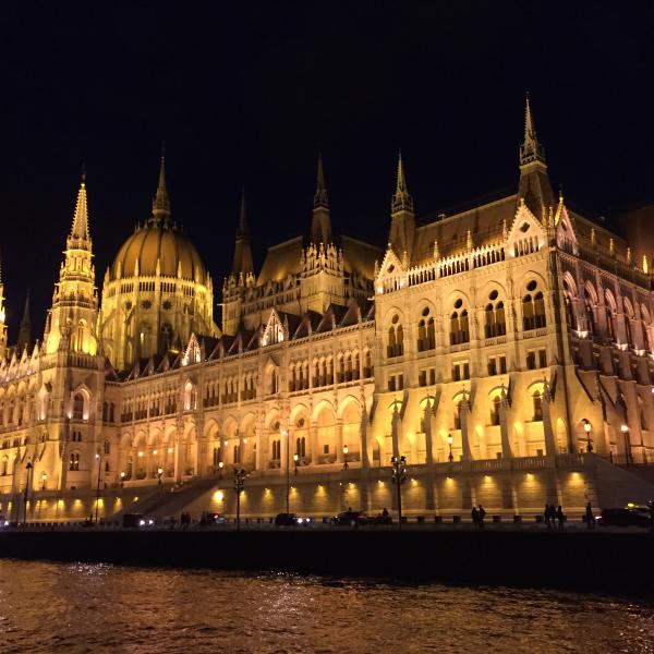 Parliament building lit up at night