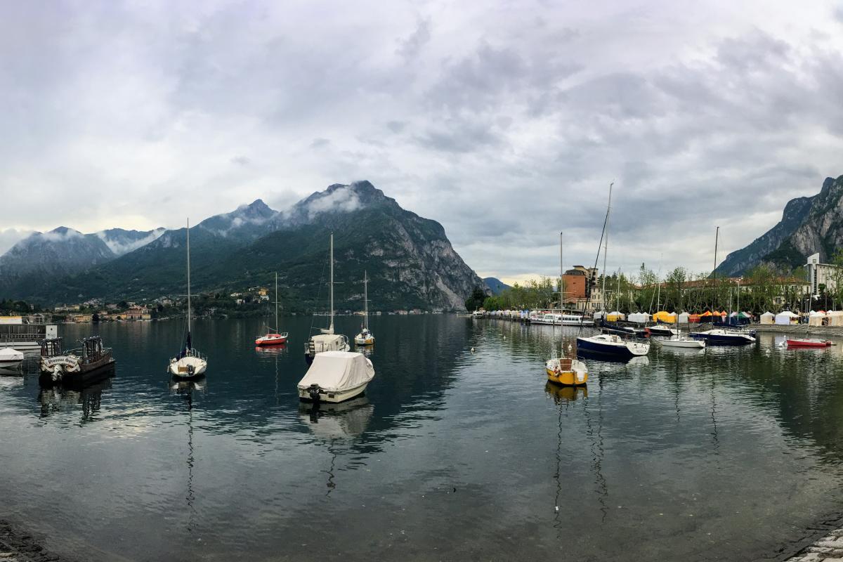 Lake and snowy mountains in Lecco, Italy