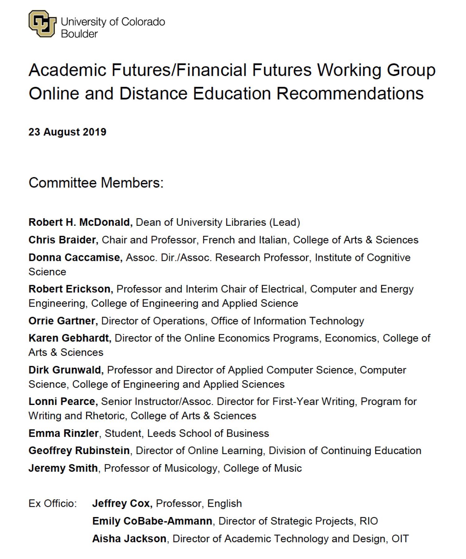 Front page of the committee recommendations