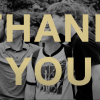 Black and white image of four people taking a photo of themselves with a smart phone in front of a Buffalo statue on the CU Boulder campus, with gold text reading "thank you" overlaid and a white wordmark reading "Buffs All In! 3.6.2025" in the lower right corner
