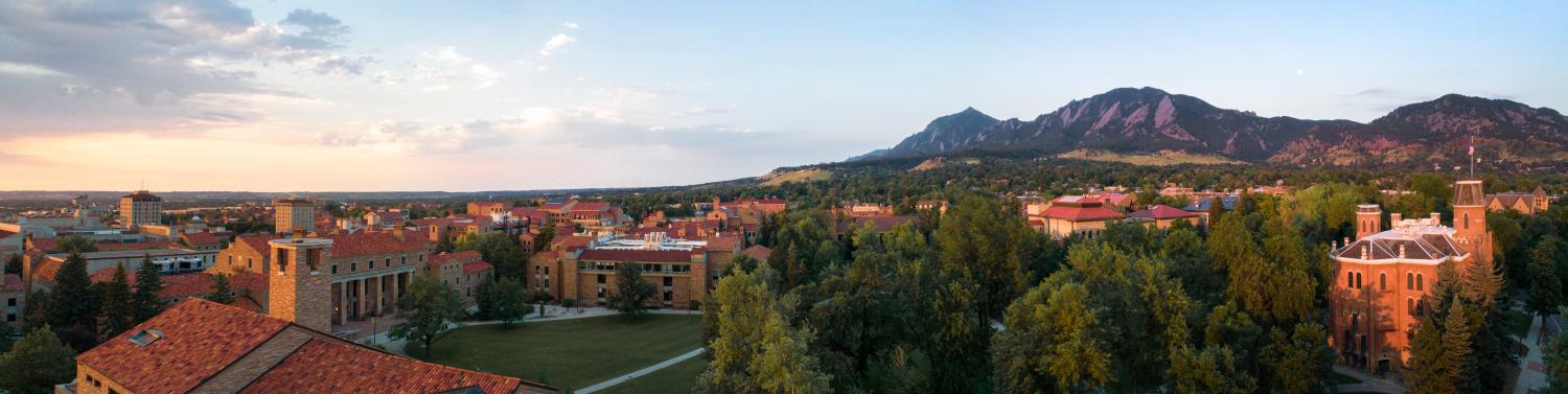 Aerial shot of campus as the sun rises.