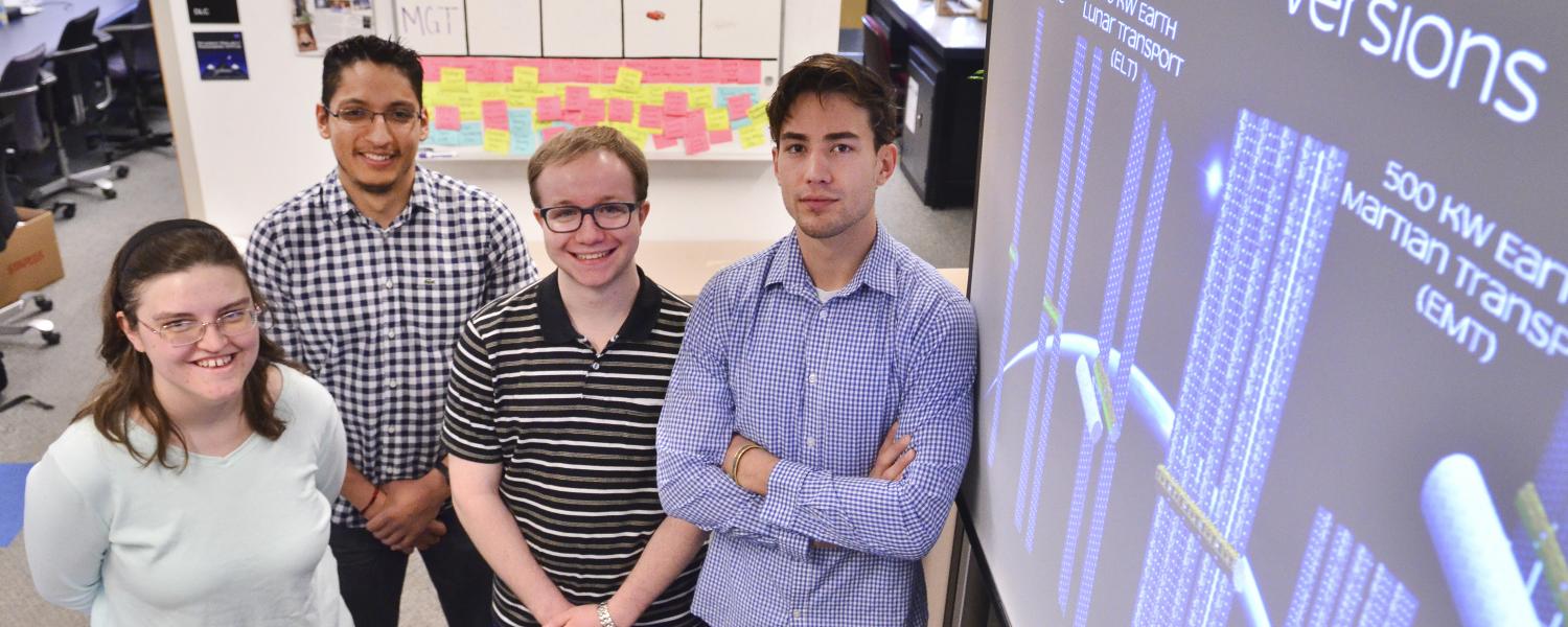 Colorado Space Grant Consortium undergraduates heading for NASA this week to present a new spacecraft design for moving cargo from Earth orbit to the moon and Mars are, from left to right, Olivia Zanoni, Gerardo Pulido, Gabriel Walker and Justin Norman