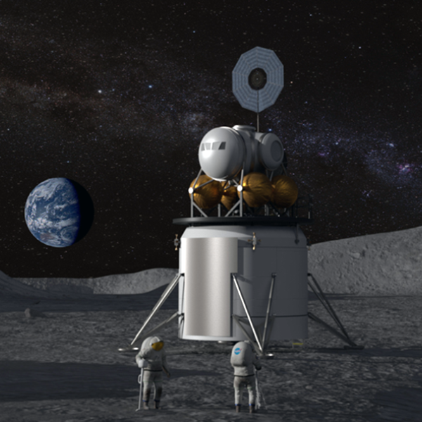 NASA conceptual image of human landing system and its crew on the lunar surface with Earth near the horizon.