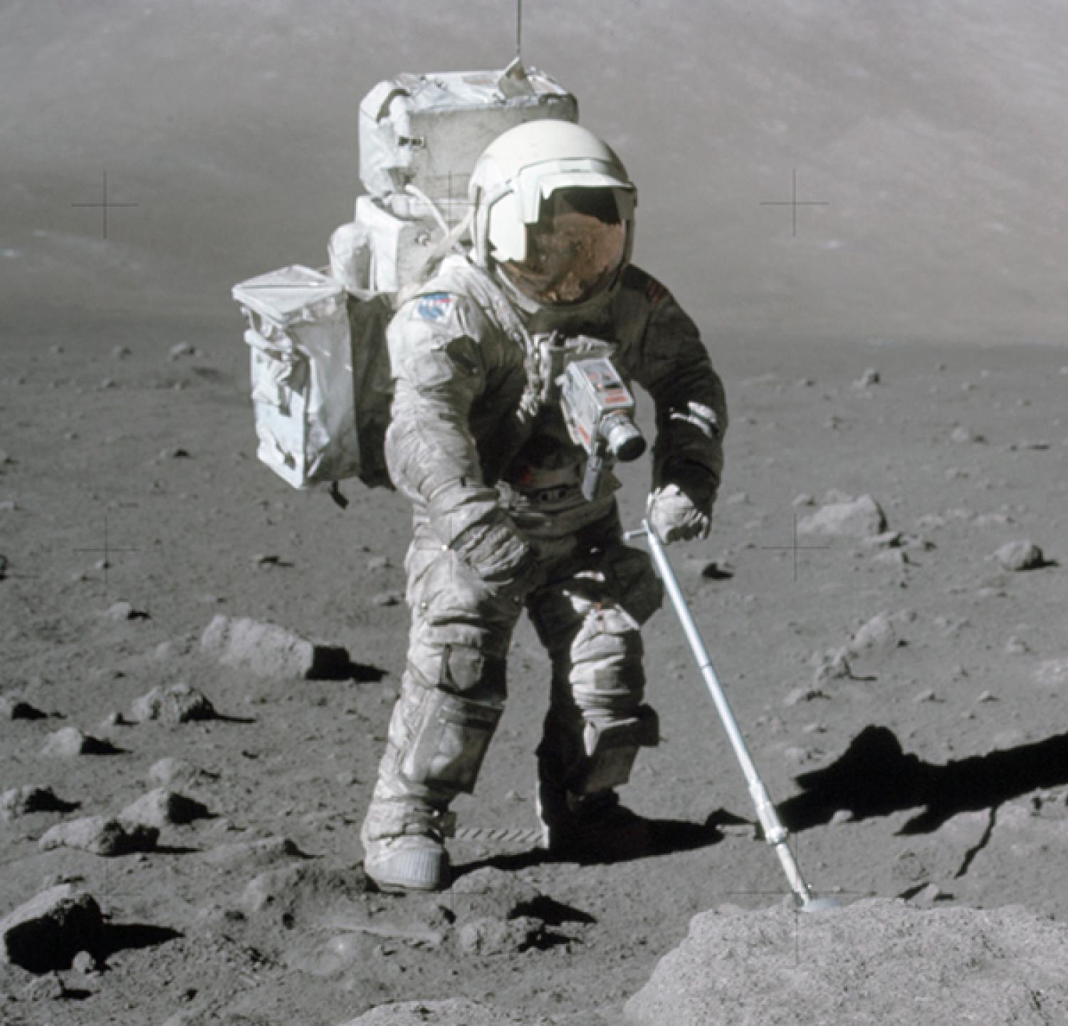 Harrison Schmitt's space suit covered in lunar dust during Apollo 17.