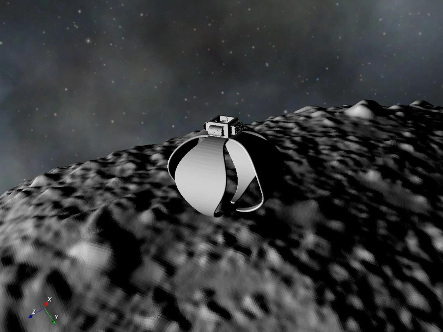 An artist's render shows a soft robot using its flexible flower-shaped limbs to touch down on an asteroid.