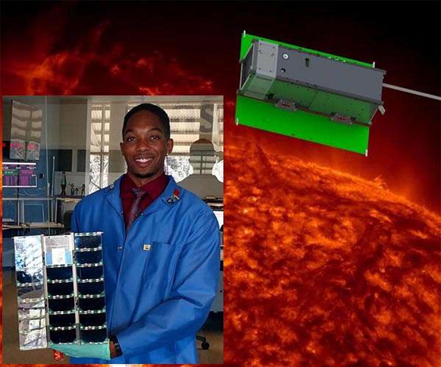Christopher S. Moore holding the MinXSS CubeSat.