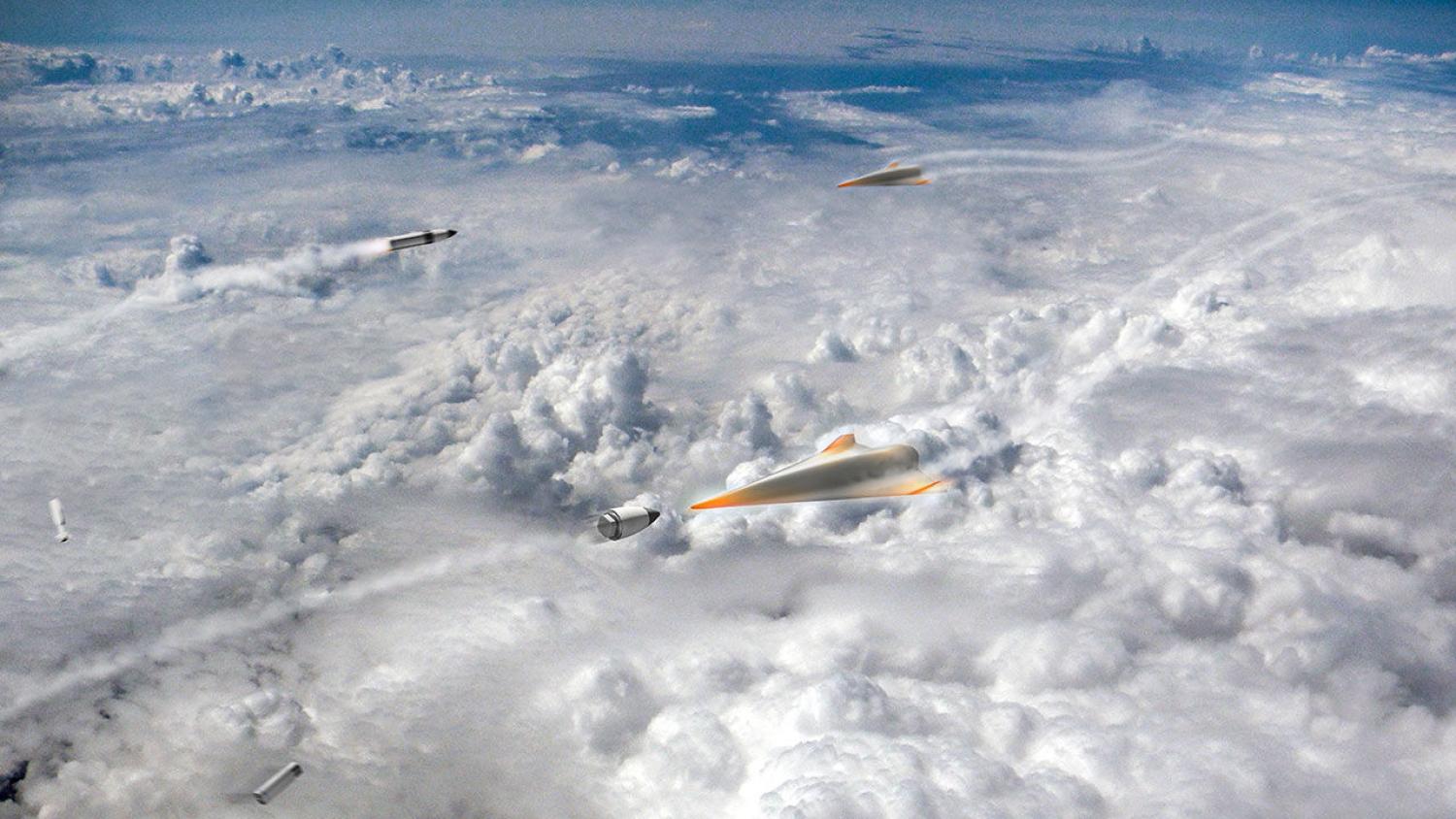 Bullet-shaped interceptors defend the United States against attacking hypersonic weapons in an artist’s concept. Such defenses remain hypothetical. DARPA