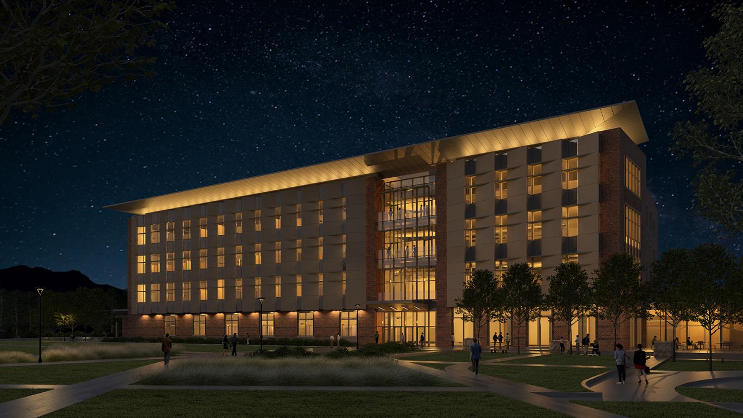 A night rendering of the new building design.