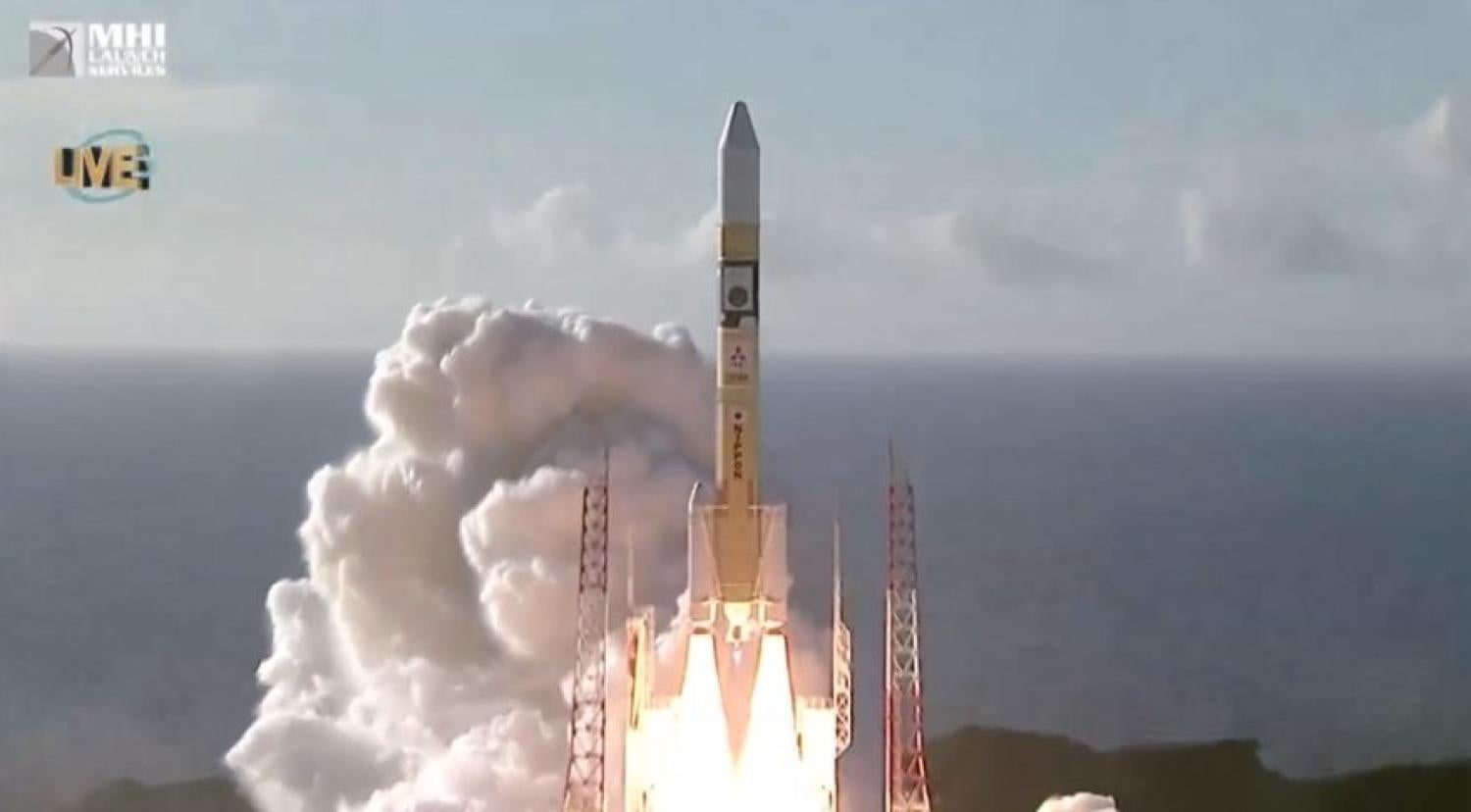 A H-2A rocket carrying the UAE's Hope Mars orbiter mission lifts off July 19. Credit: MHI webcast