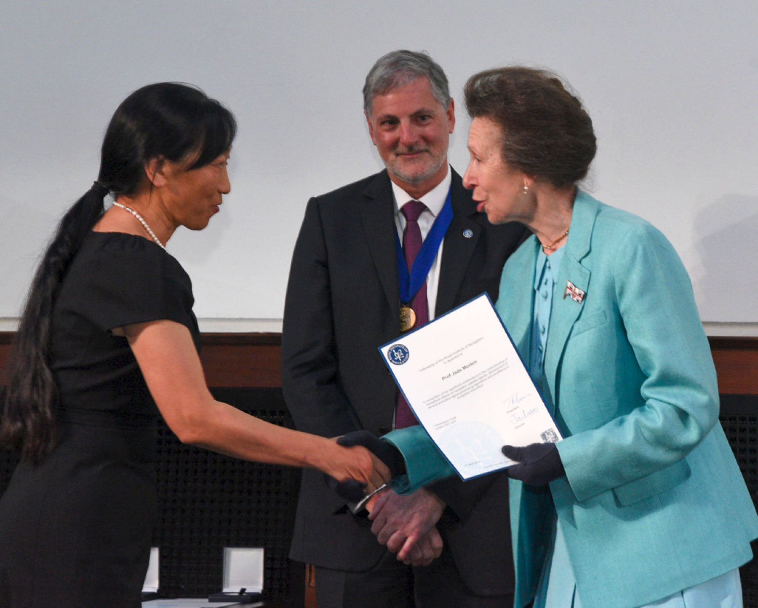 Jade Morton with RIN President Prof Terry Moore and Princess Royal Highness Anne for RIN Fellowship