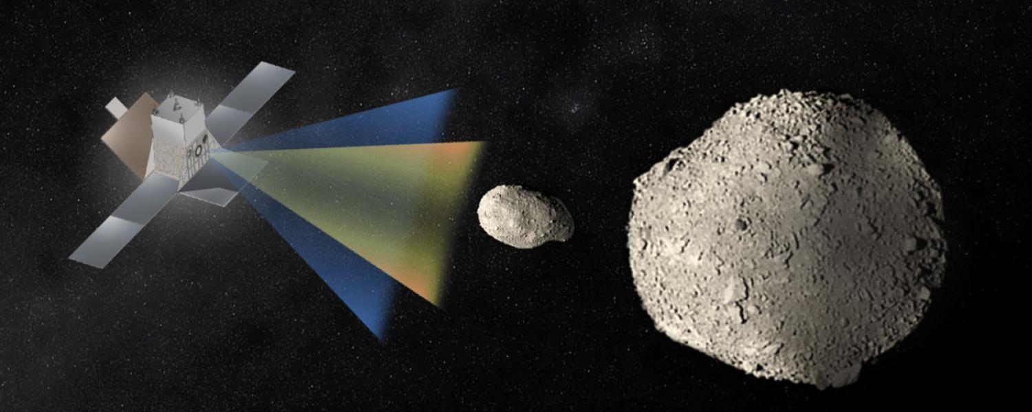 Graphic of the Janus spacecraft mapping a binary asteroid