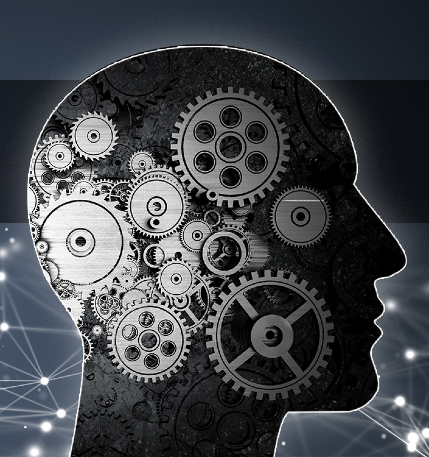 Rendering of a human head with gears inside.