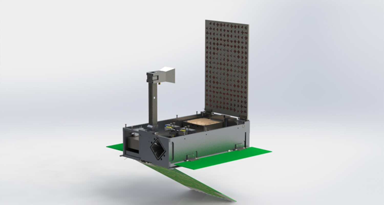 A CAD drawing of the CU-E3 satellite.