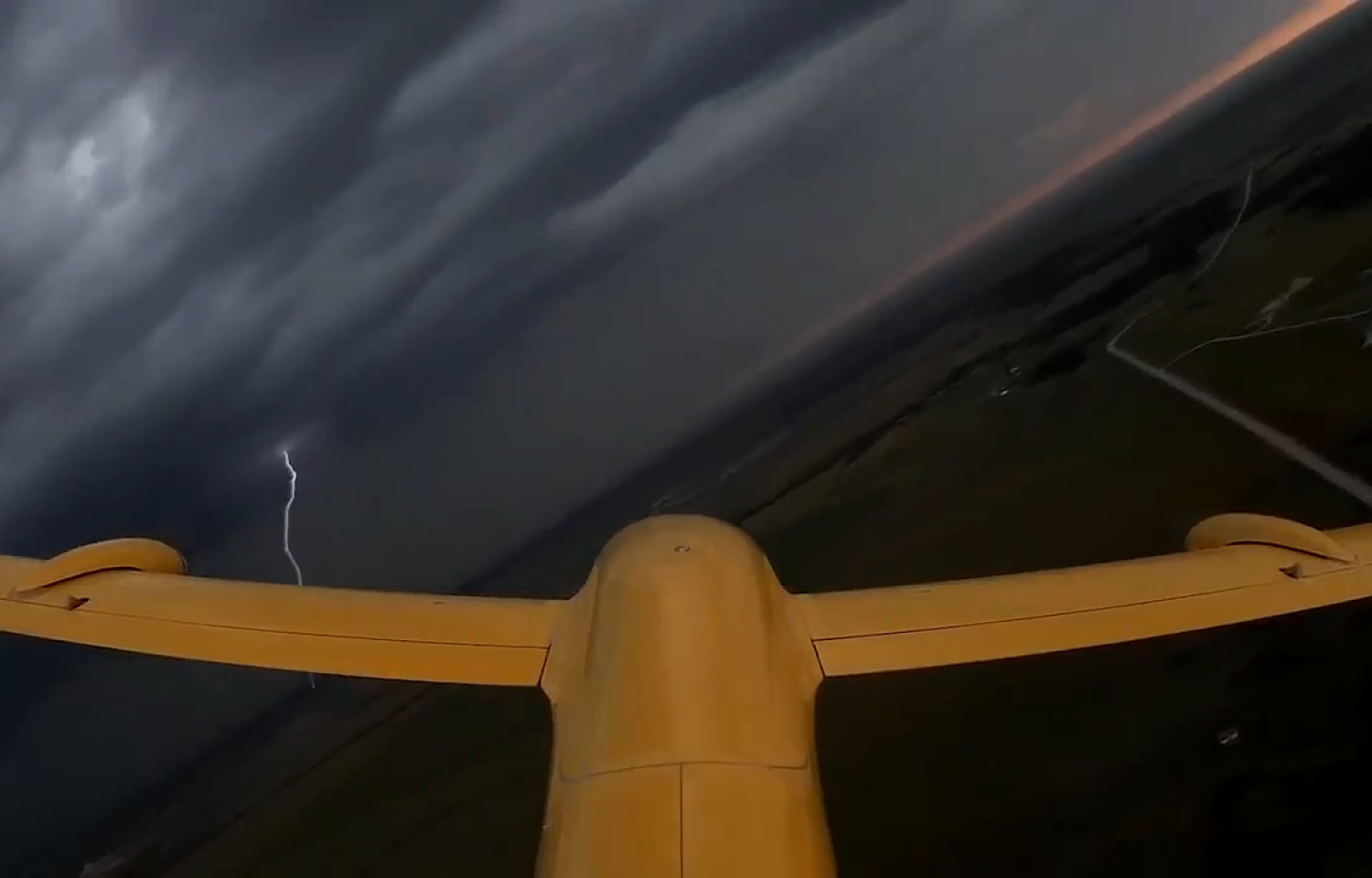 A fixed wing drone flying in a supercell.