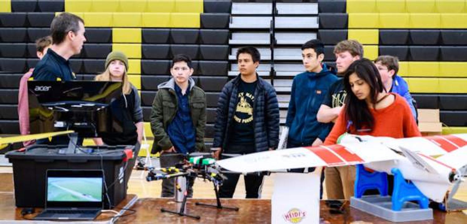 Eric Frew speaking with students at Battle Nountain High School. Photo by the Eagle County School District.