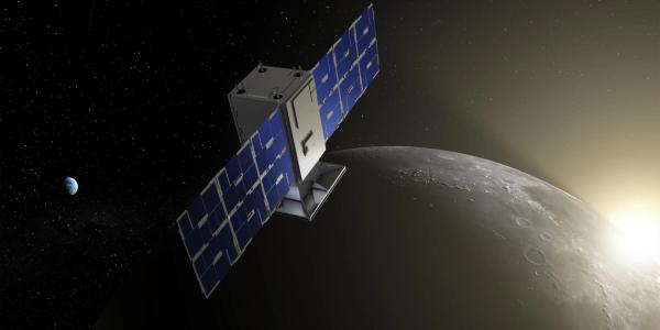 Rendering of the CAPSTONE satellite by the Moon.