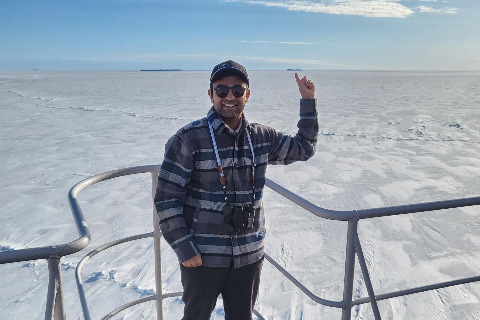 Doddi aboard the Shirase amid the Antarctic icepack.