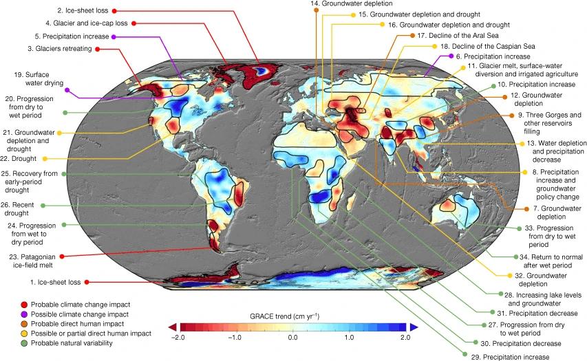 Global map showing terrestrial water storage over time. Source: Nature