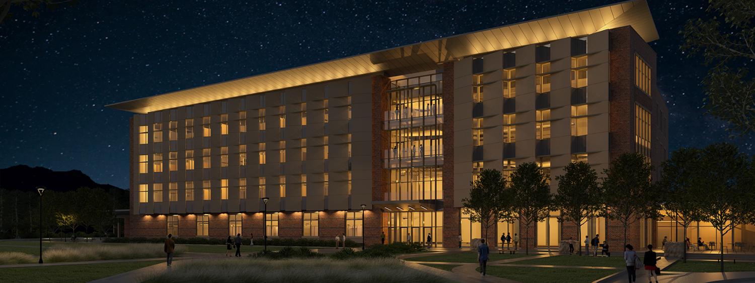 A night rendering of the new building design.