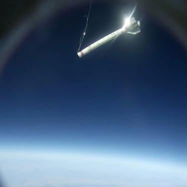 Onboard still of the rocket near apogee.