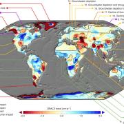 Global map showing terrestrial water storage over time.  Source: Nature