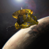 Artist's depiction of New Horizons flying past Pluto with its moon Charon behind it.