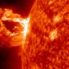 An eruption captured here by NASA's Solar Dynamics Observatory in the 304 Angstrom wavelength, which is typically colored in red. 