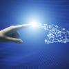 Rendering of a human hand touching a digital hand.