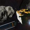 Artist's depiction of the DART spacecraft about to slam into the asteroid Dimorphos.