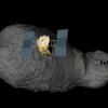A rendering of a space probe approaching an asteroid.