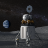 NASA conceptual image of human landing system and its crew on the lunar surface with Earth near the horizon.