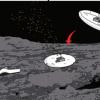 Illustration of robot landing and moving on an asteroid.