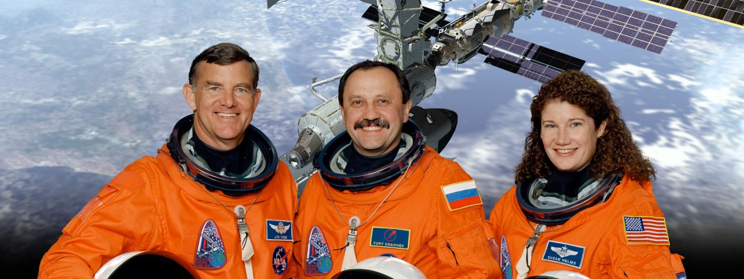 ISS Expedition 2 photo with Voss, Yury Usachev, and Susan Helms.
