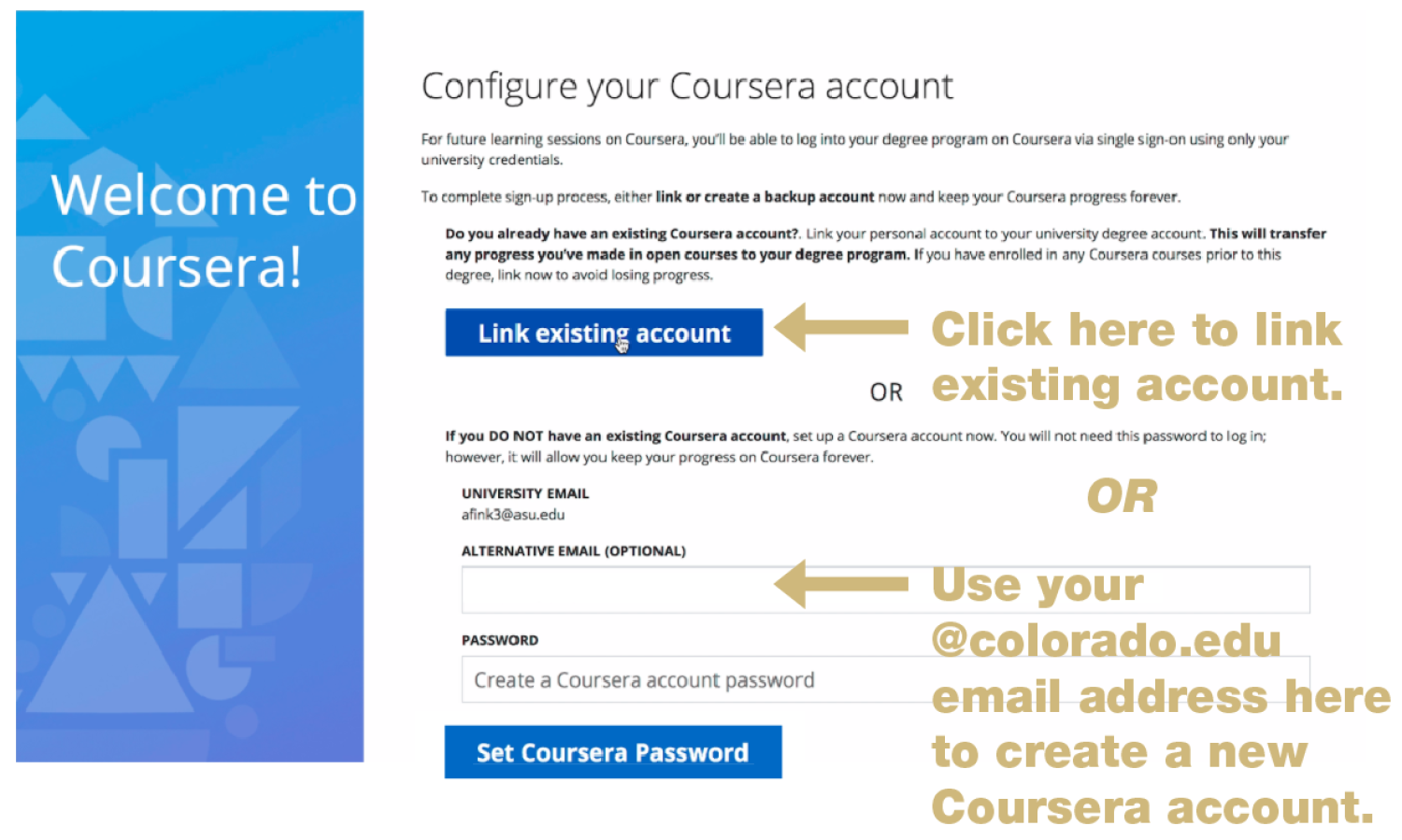 Screenshot of how to configure Coursera account