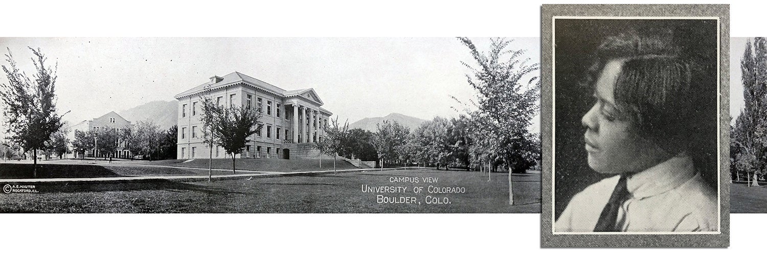 Della Parker headshot inset with CU Boulder campus view