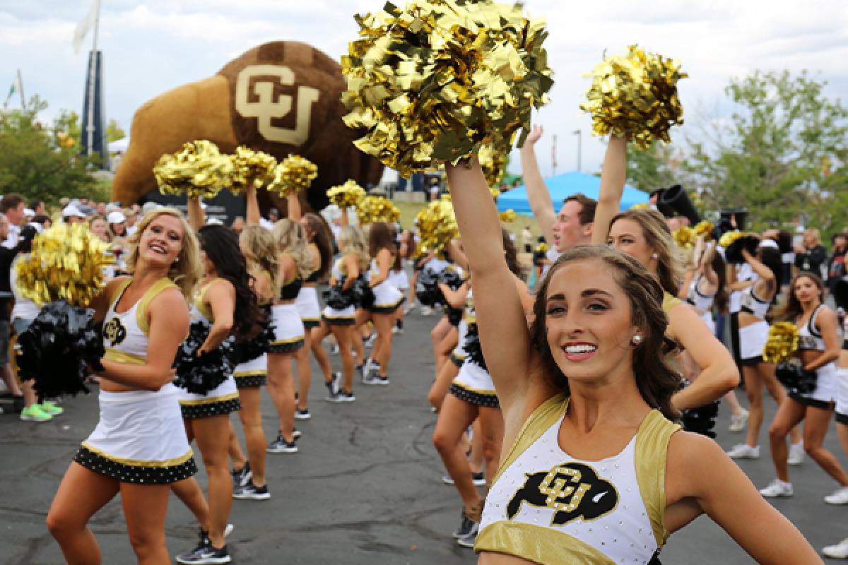 A line of CU Boulder cheerleaders at Buffs Bash