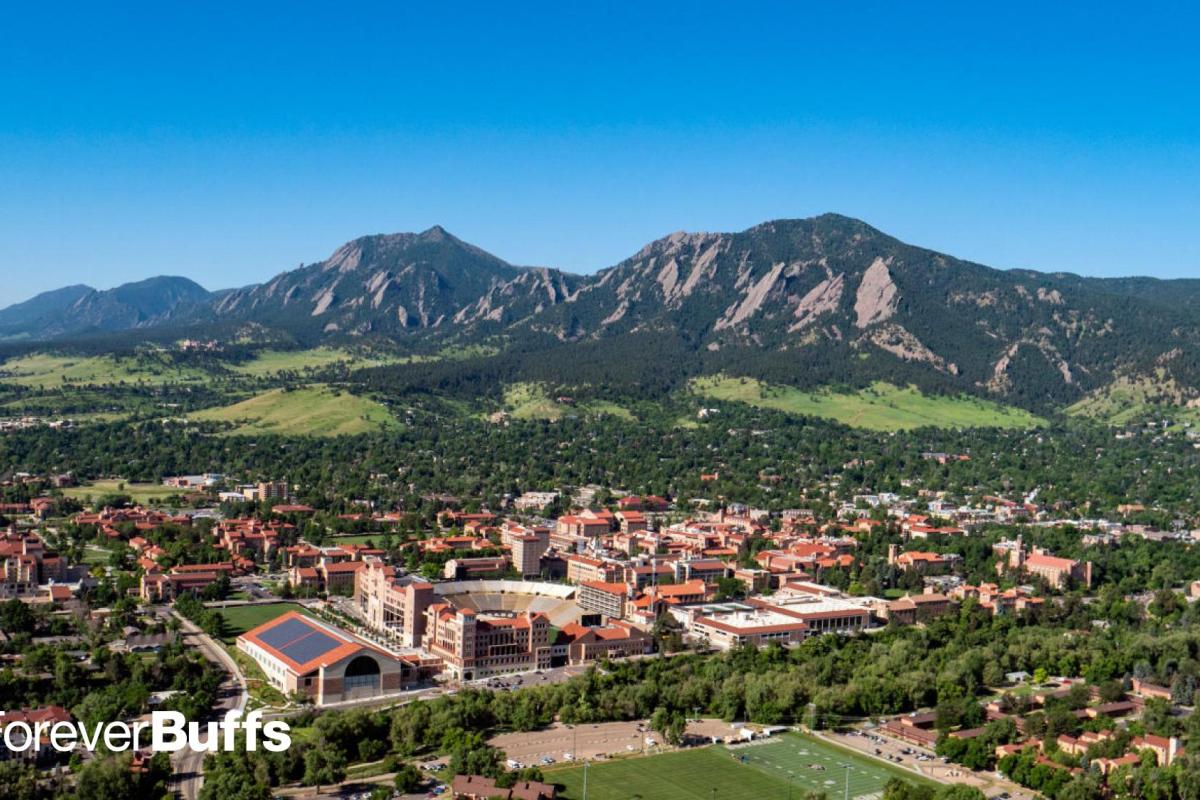 aerial view of CU Boulder campus with flatirons