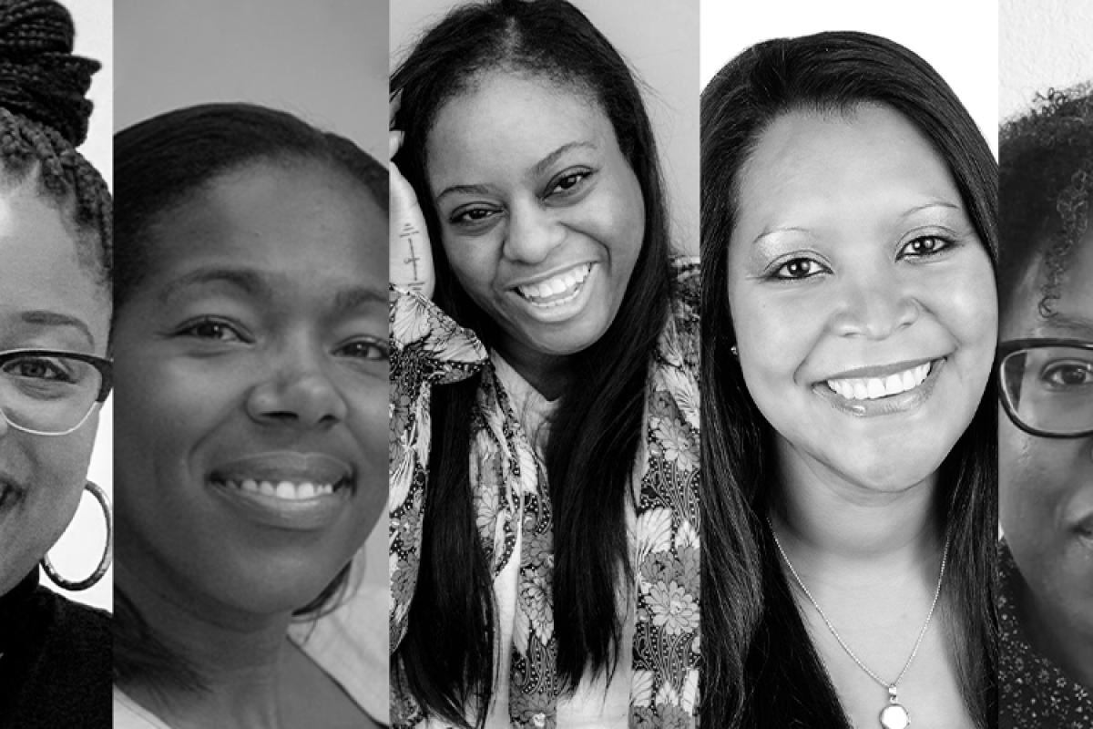 black and white images of the five speakers for the Black Women, Mental Health and Wellness" virtual panel