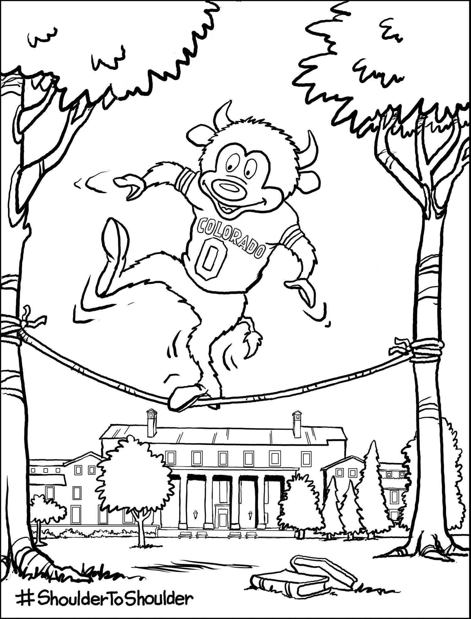 coloring page of CU Boulder mascot Chip slacklining in front of Norlin library