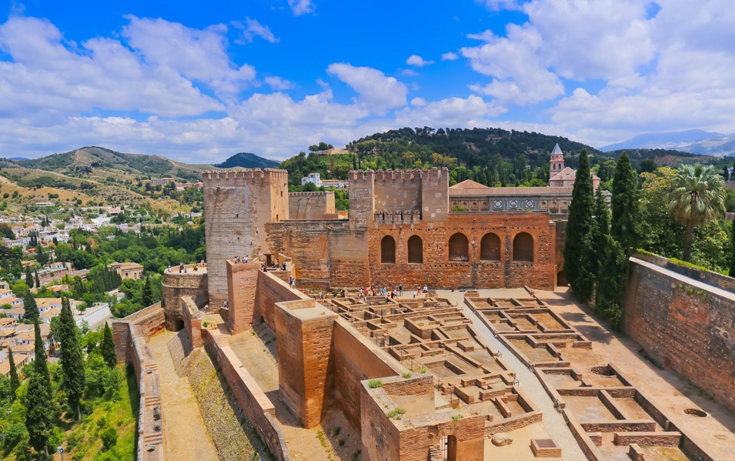 Panoramic view of Alcazaba of Alhambra and Albaycin (Albaicin), an old Muslim district of Granada, Spain