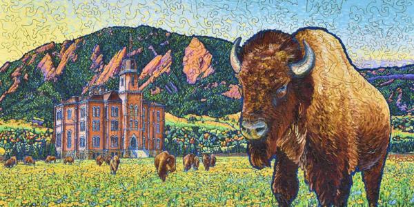 Puzzle that shows CU campus' Old Main building with a herd of buffalos