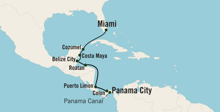 Vivid Western Caribbean and Panama Canal Map