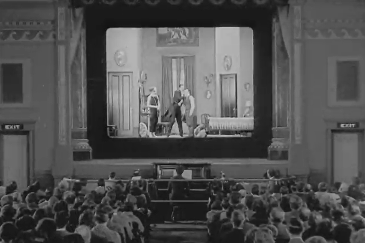A movie theatre in black and white