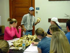 Student showing a skull to other students