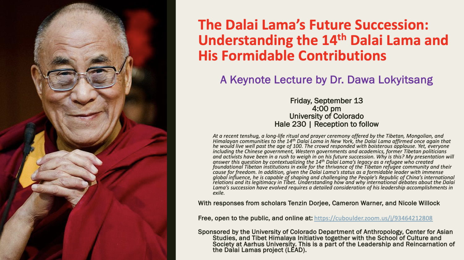 The Dalai Lama's Future Succession: Understanding the 14th Dalai Lama and His Formidable Contributions flyer featuring the Dalai Lama