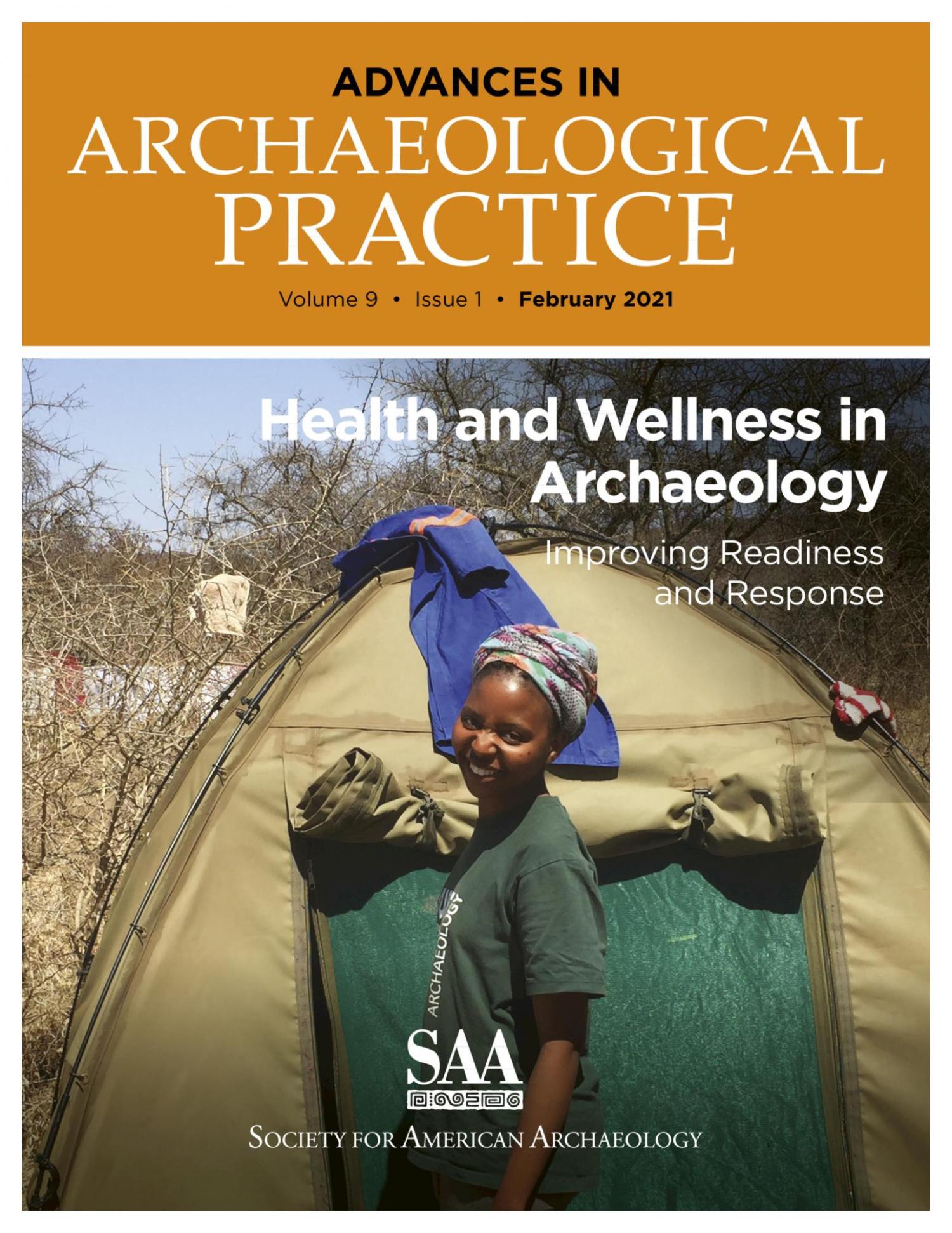 advances-in-archaeological-practice journal cover featuring a women in front of a tent