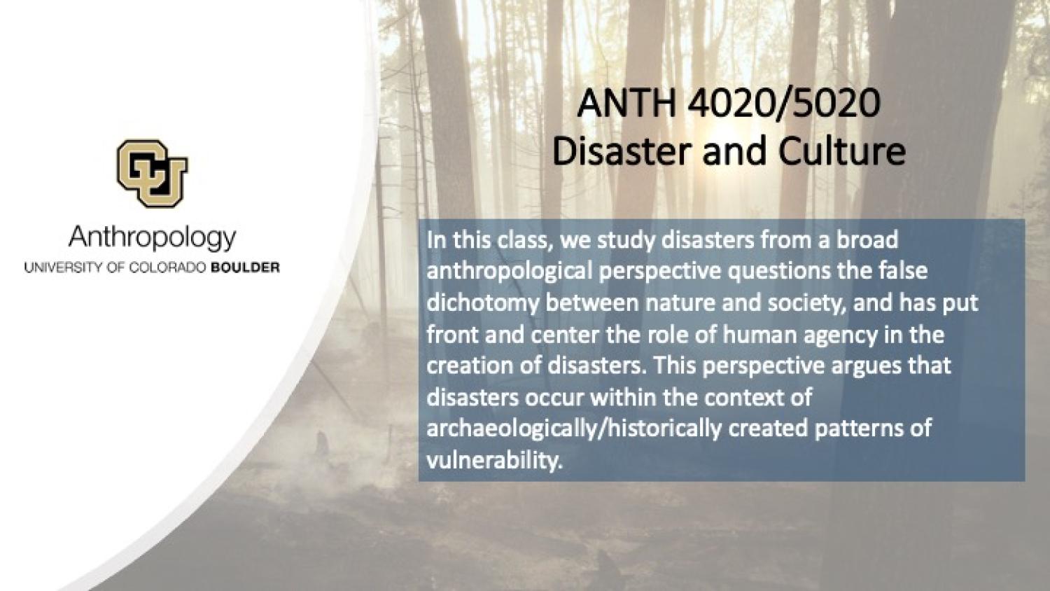 ANTH 4020/5020 Promo Slide with a burnt forest in the background