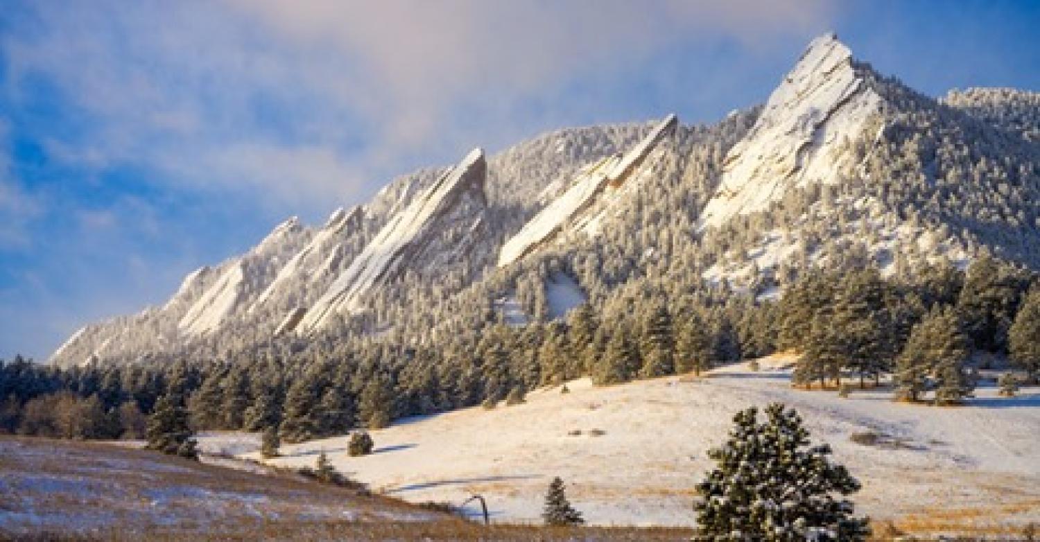 Boulder Flatirons covered in snow